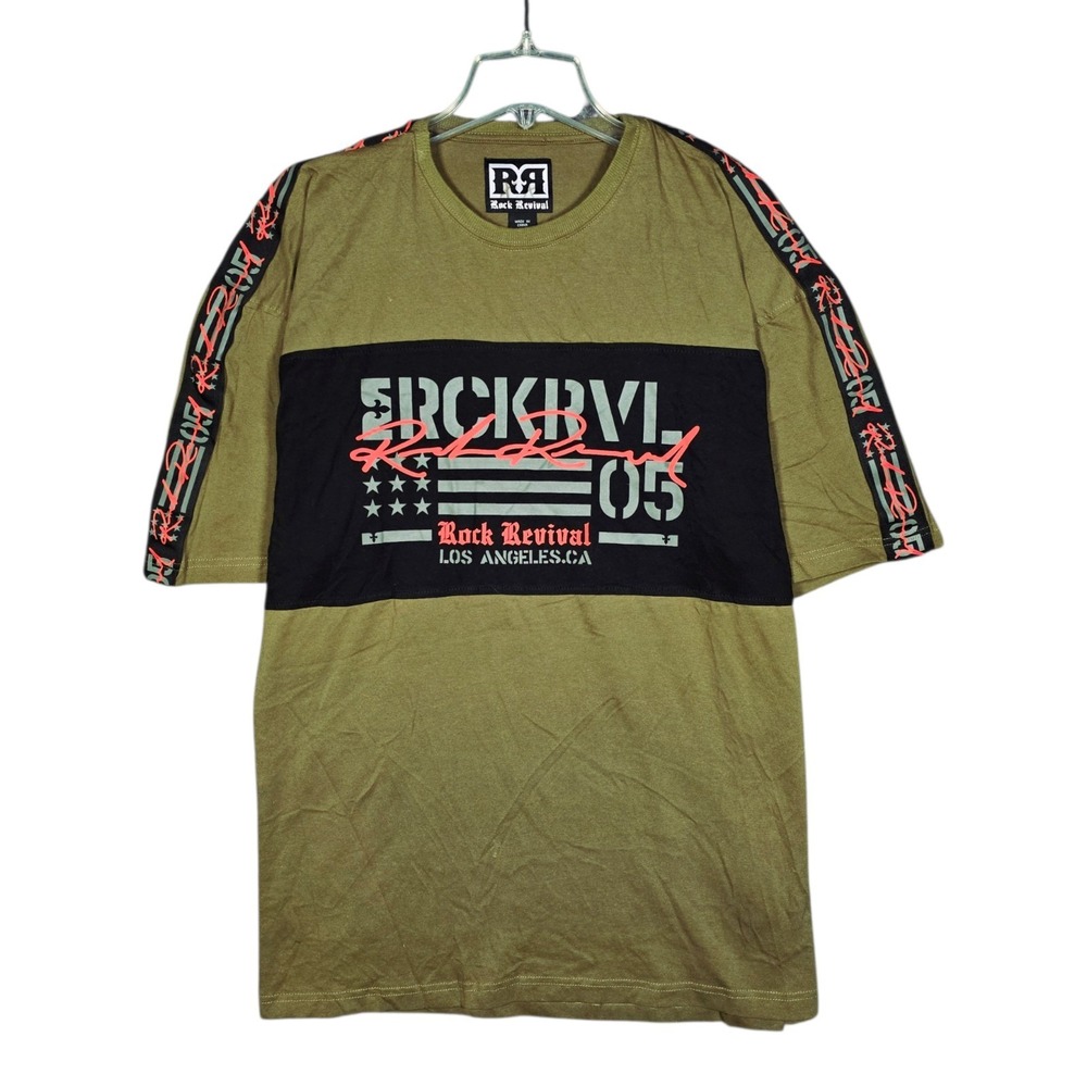 Rock Revival T-Shirt Mens XXXL River Green Graphic Print‎ Sleeve Taping LA Trap